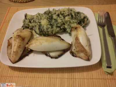 Polnjeni jadranski lignji z mocarelo na žaru s krompirjem in blitvo