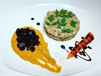 Fotografija recepta: Ješprenova rižota s karamelizirano peso in korenčkovim pirejem