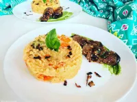 Fotografija recepta: Kuskus z zelenjavo in popečenimi jajčevci na špinačnem pestu