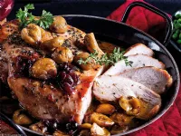 Fotografija recepta: Glazirane puranje prsi z maroni in grahom