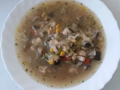 Enolončnica s puranom, zelenjavo, šampinjoni in basmati rižem