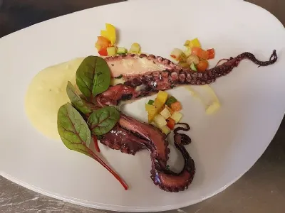 Jadranska hobotnica na pomarančnem pire krompirju z omako cabernet sauvignona in fino zelenjavo