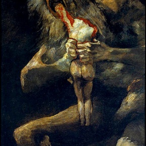 Slika spanskega umetnika Francisco Goya. Narejena je po grški mitologiji velikana Kronos (romansko Saturn), ki se je bal, da bi ga sinovi premagali, je vsakega pojedel takoj, ko se je rodil.